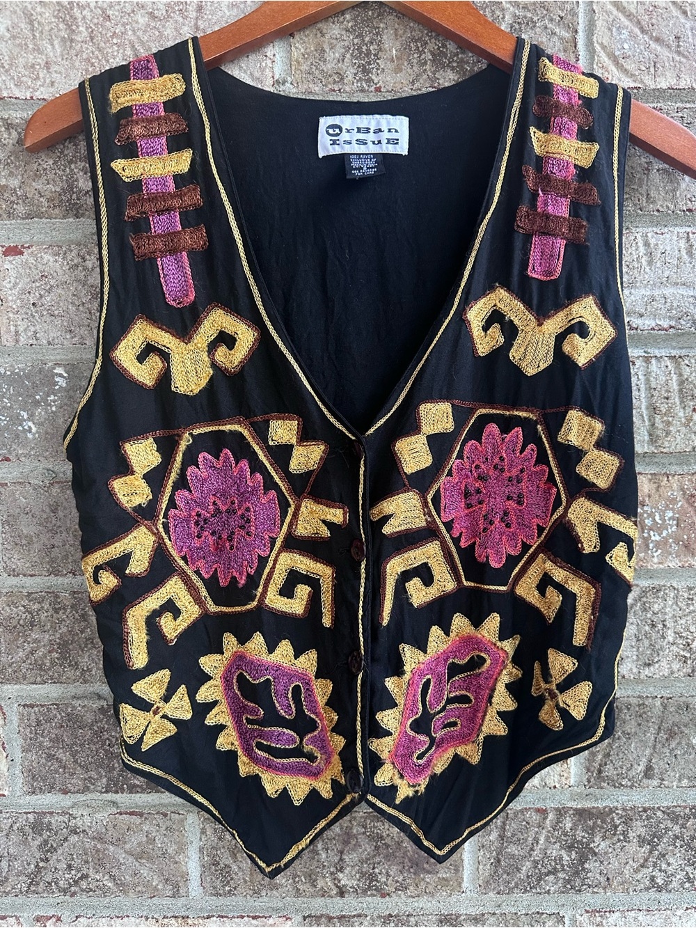 Vintage Retro Boho Anthro vibes Black Embroidered Vest - Pink Gold Accents Small